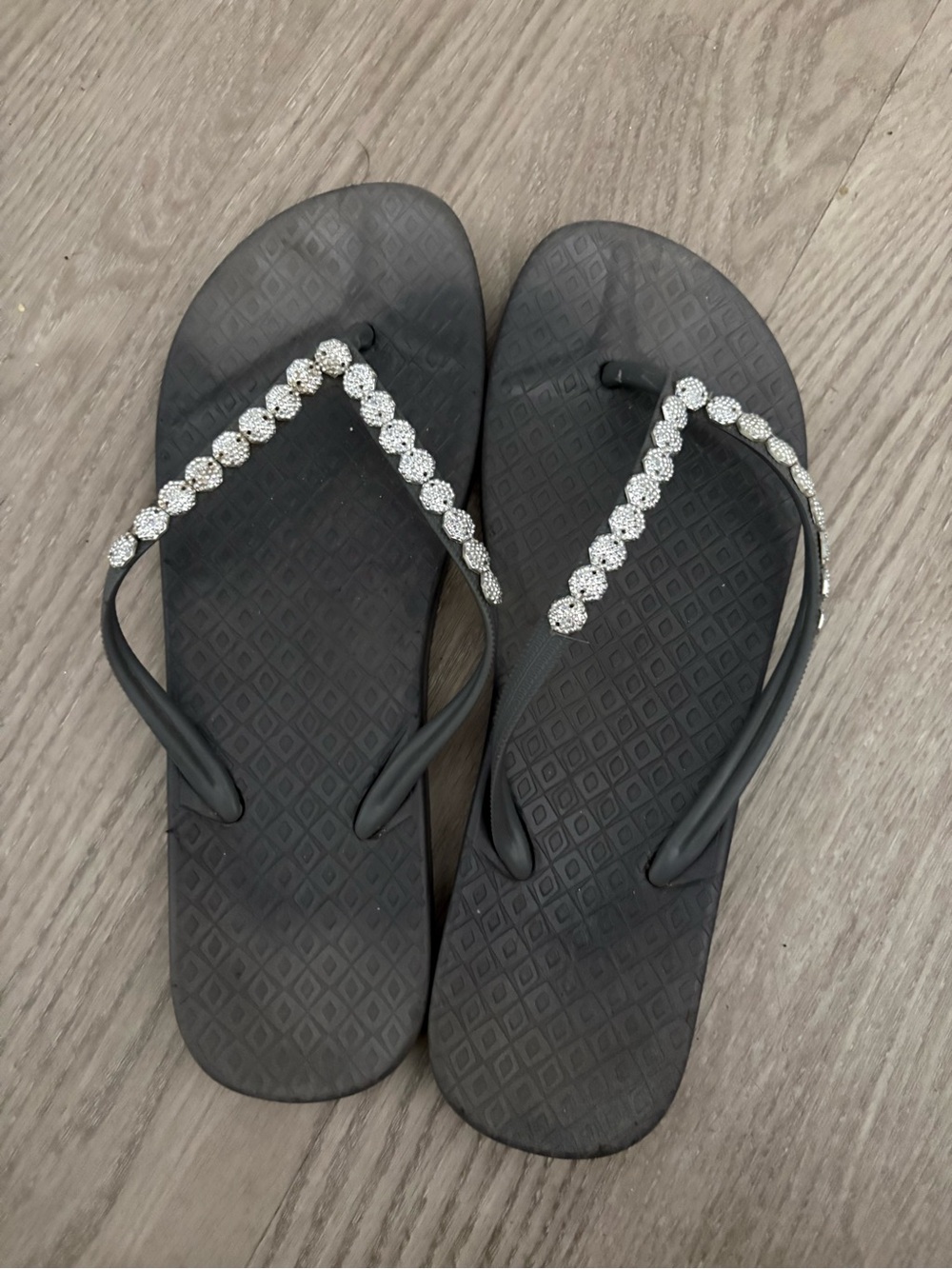 Women’s Black Flip Flops with Rhinestone Straps